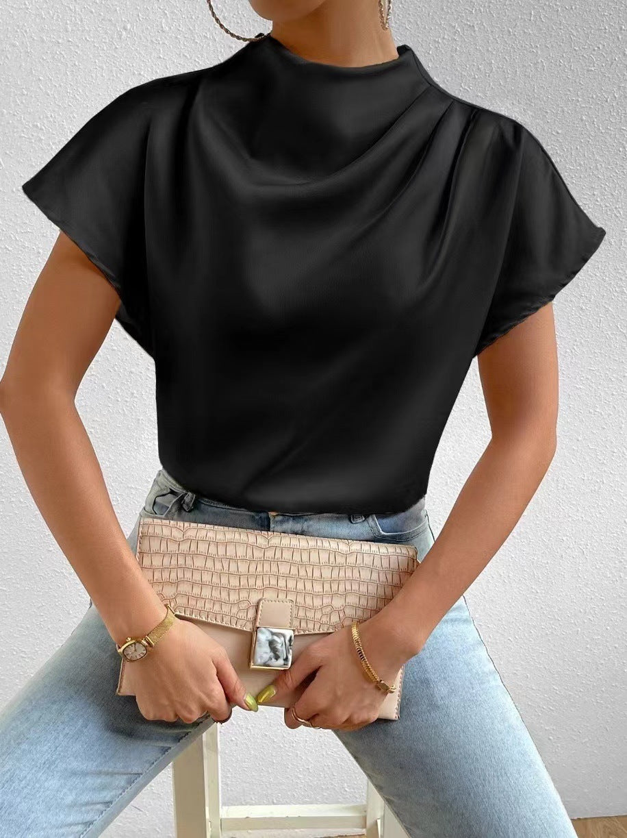 Round Neck Short Sleeve Left Shoulder Pleated T shirt Satin Women Top