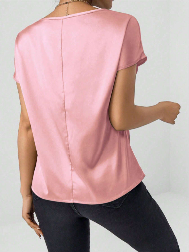 Summer Women Solid Color Casual Top Batwing Sleeve Satin round Neck Artificial Silk Women