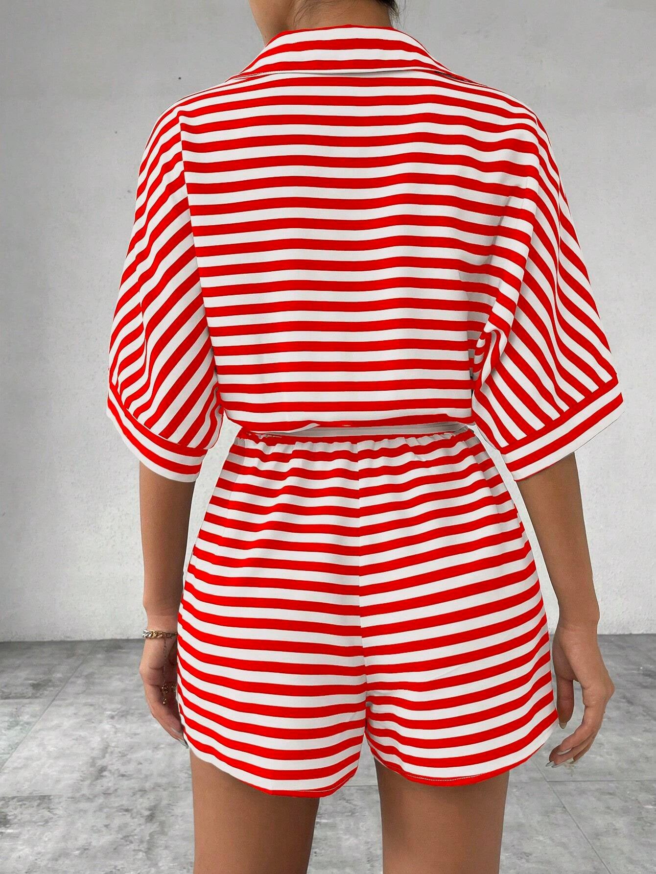 Summer Women Clothing Striped Collared Cardigan Button Half Sleeve Shorts Jumpsuit
