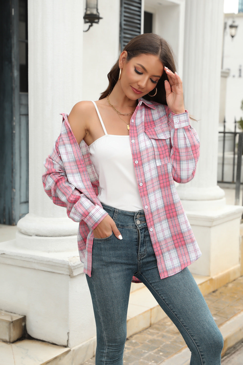 Women Long Sleeved Plaid Button Shirt Full Color Uniform Size Jacket