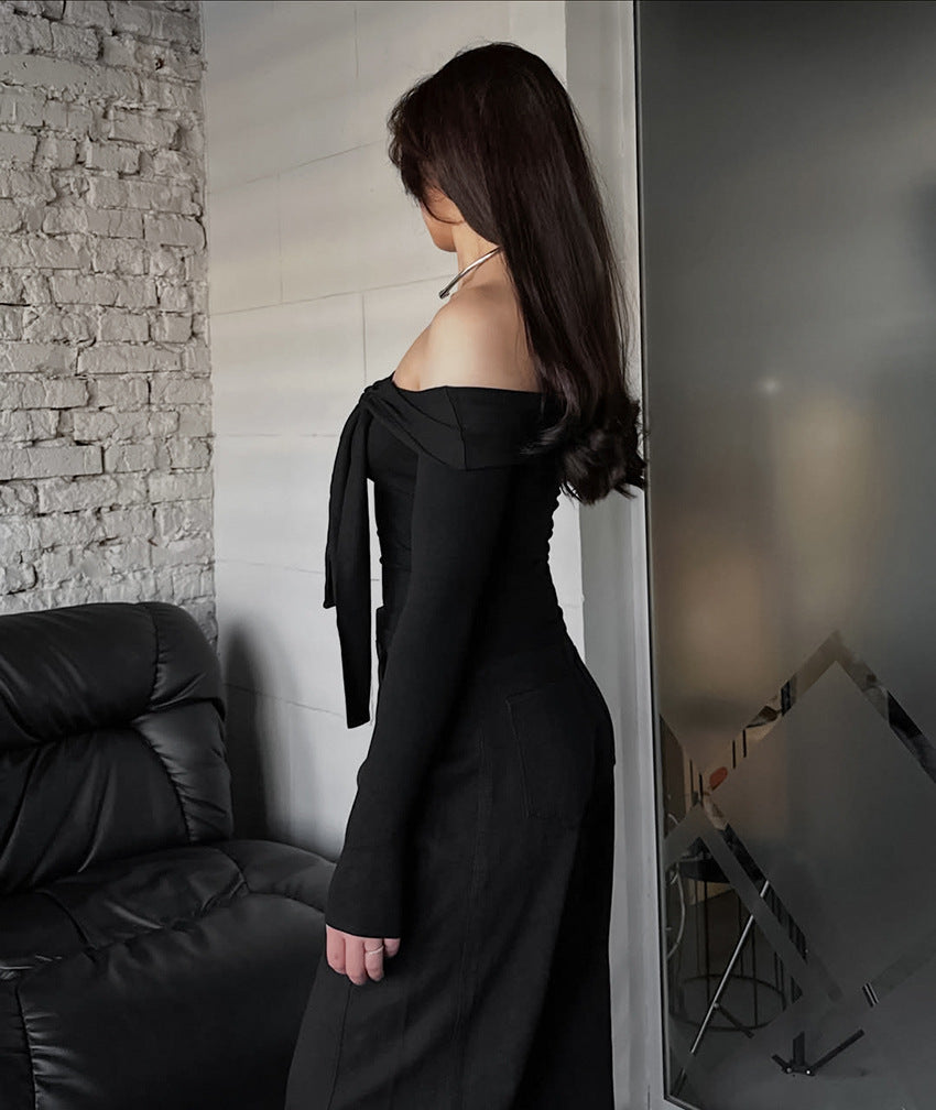 Intellectual off Neck Lace up Bow Long Sleeved Fitted T shirt Women Sexy Cold Shoulder Elegant Office All Matching Top