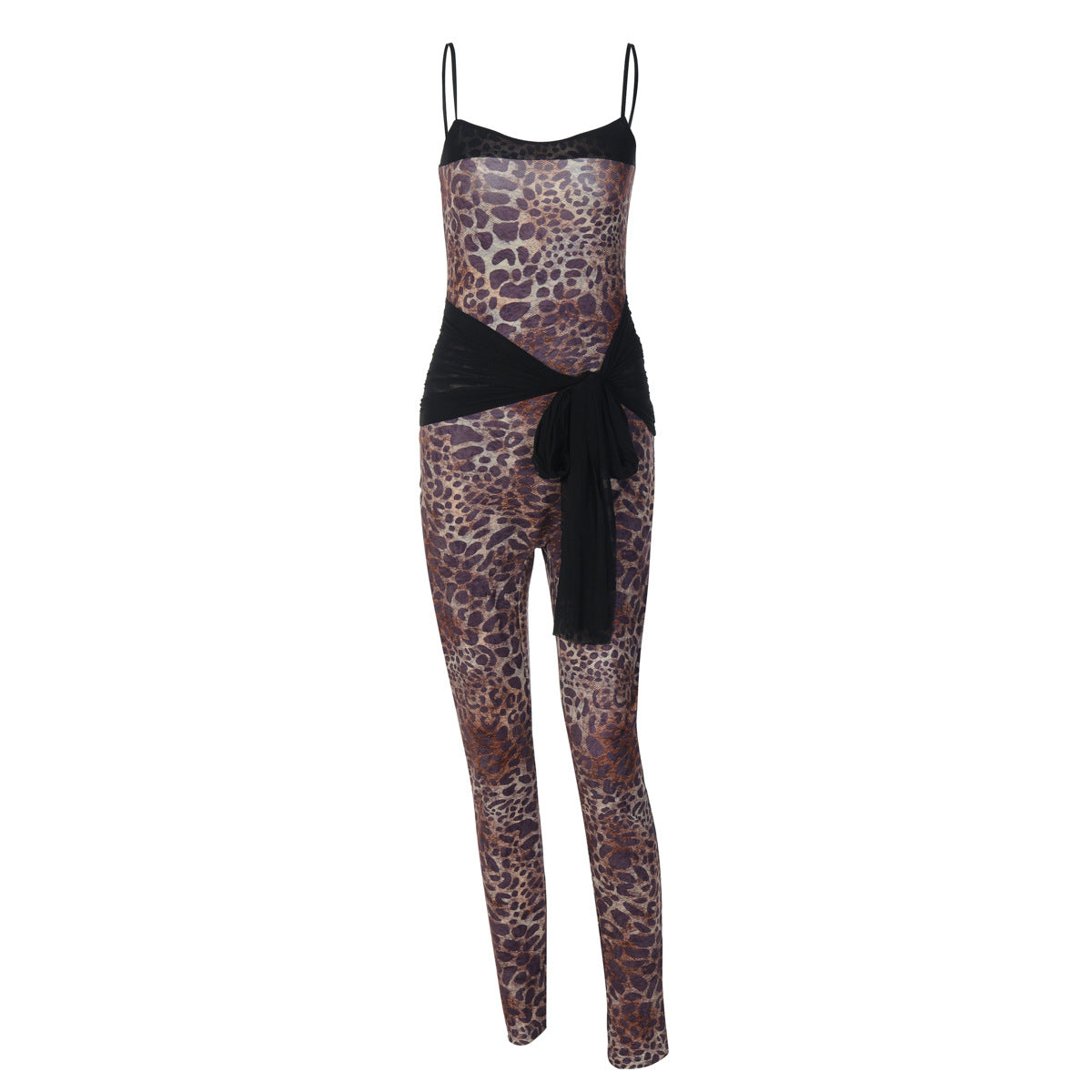 Women Clothing Winter Leopard Print Printed Mesh Lace up Slim Strap Jumpsuit Women