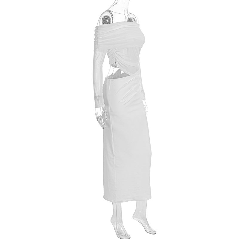 Summer Women Maxi Dress Sexy Mesh Stitching Slim Fit Tube Top Long Sleeve Dress