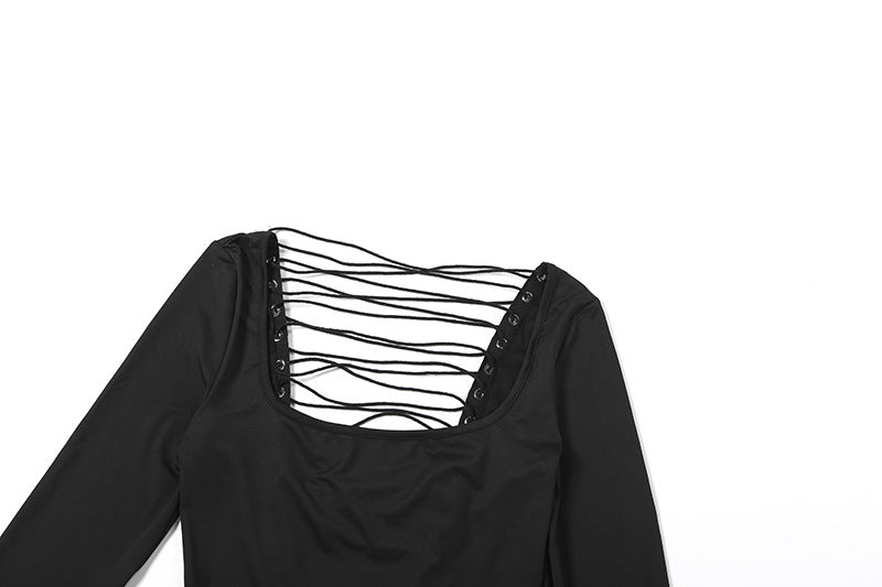 Women Clothing Autumn Winter Sexy U Collar Backless Lace up Long Sleeve Solid Color Hip Lifting Jumpsuit