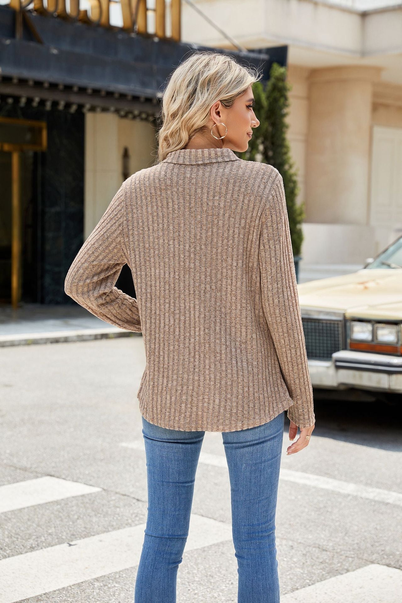 Autumn Winter Solid Color Polo Collar Pocket Long Sleeve Loose Fitting T Shirt Top Women