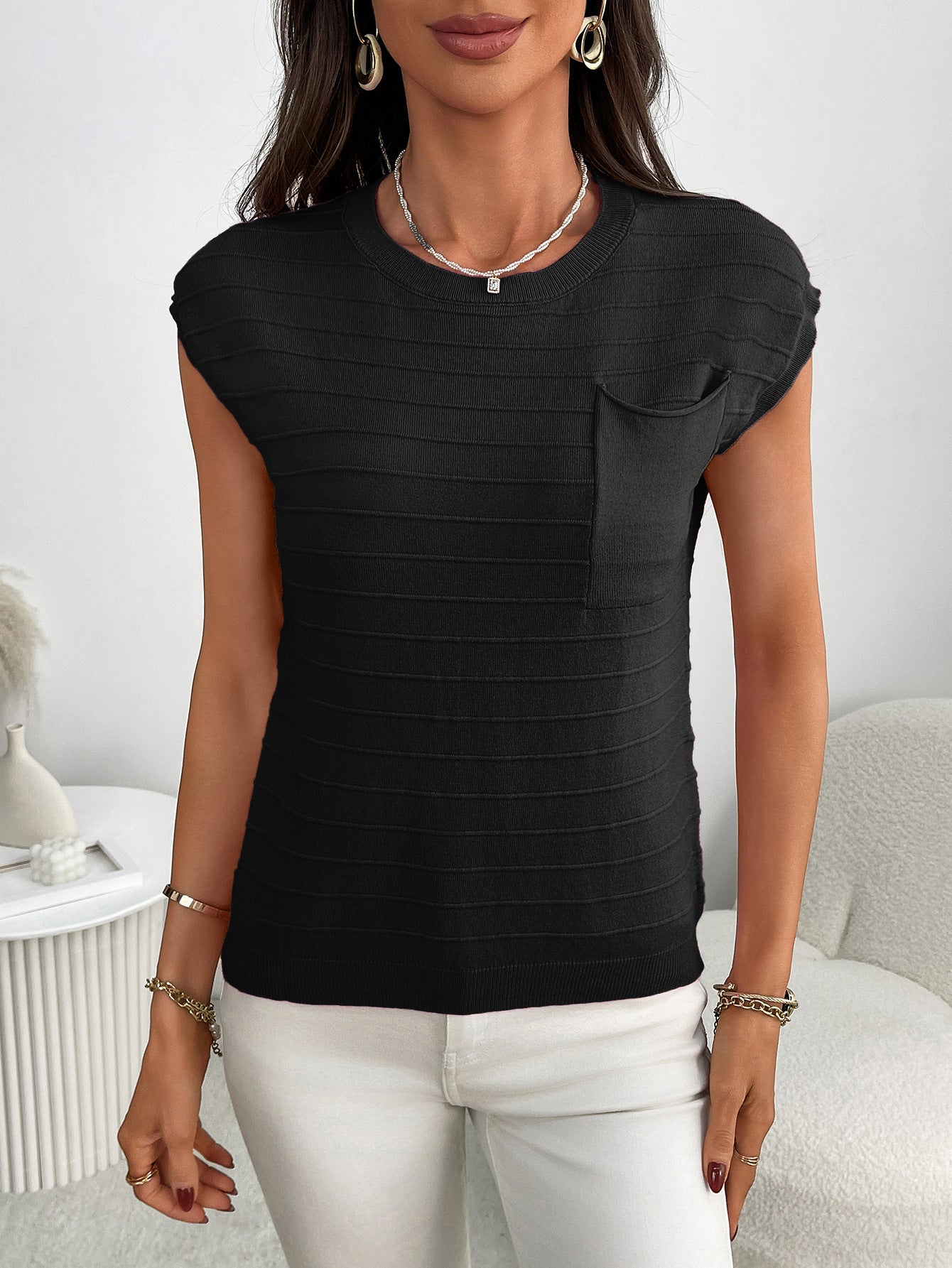 Summer Women Clothing Pullover Short Sleeve round Neck Striped Knitted Pocket Sweater