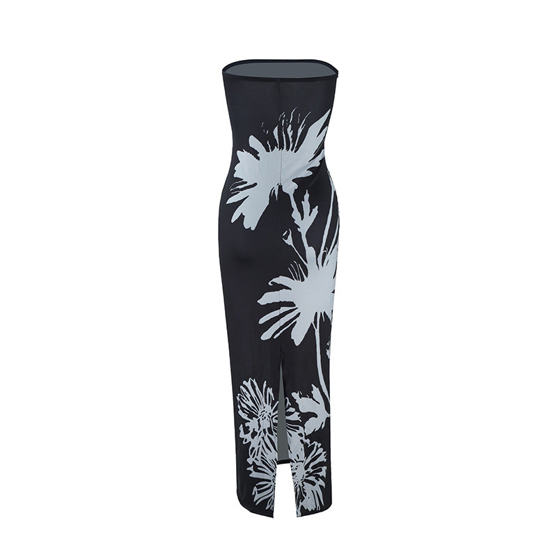 Women Clothing Summer Slim Fit Sexy Tube Top Printed Maxi Dress Straight Hair