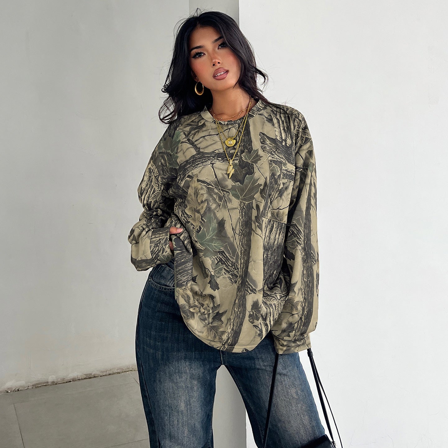 Retro Casual Camouflage Leaf Print Long Sleeve Crew Neck Sweater Spring Autumn Loose Long Sleeve Street Top