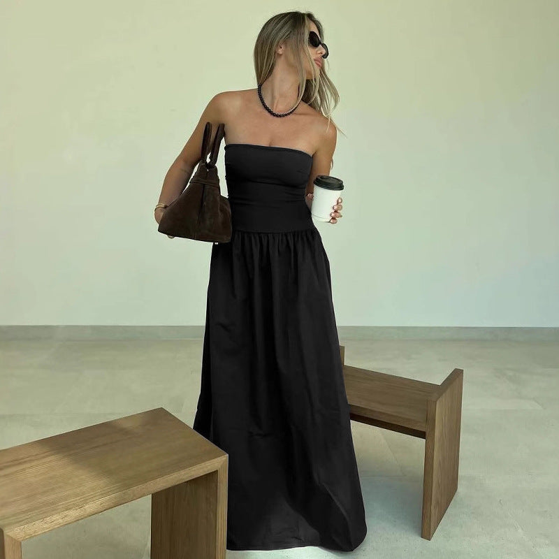 Women Clothing Summer Wrapped Chest Sexy Slimming Beam Waist Pleated A line Dress