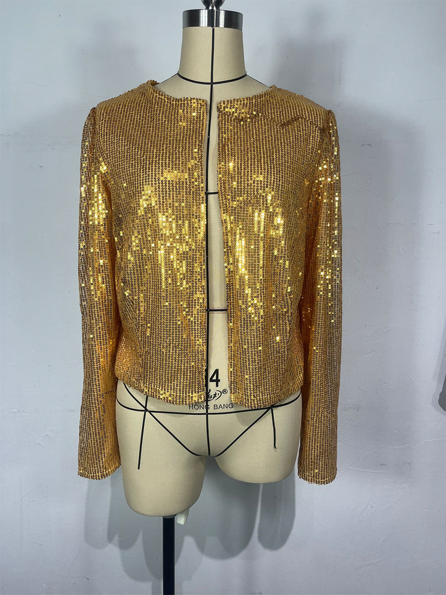 Women Autumn Round Neck Long Sleeve Solid Color Cardigan Casual All Match Sequin Coat