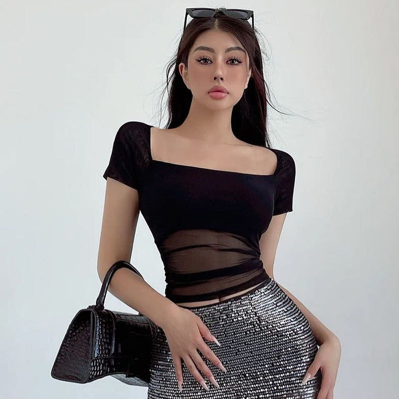 Women Clothing Summer Solid Color Mesh See Through Stitching Short Sleeve Bottoming Top