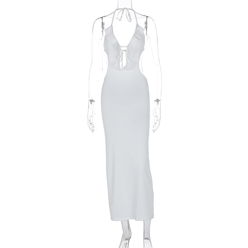 Women Clothing Summer Sexy Close Fitting Slim Fitting Solid Color Halter Sling Dress