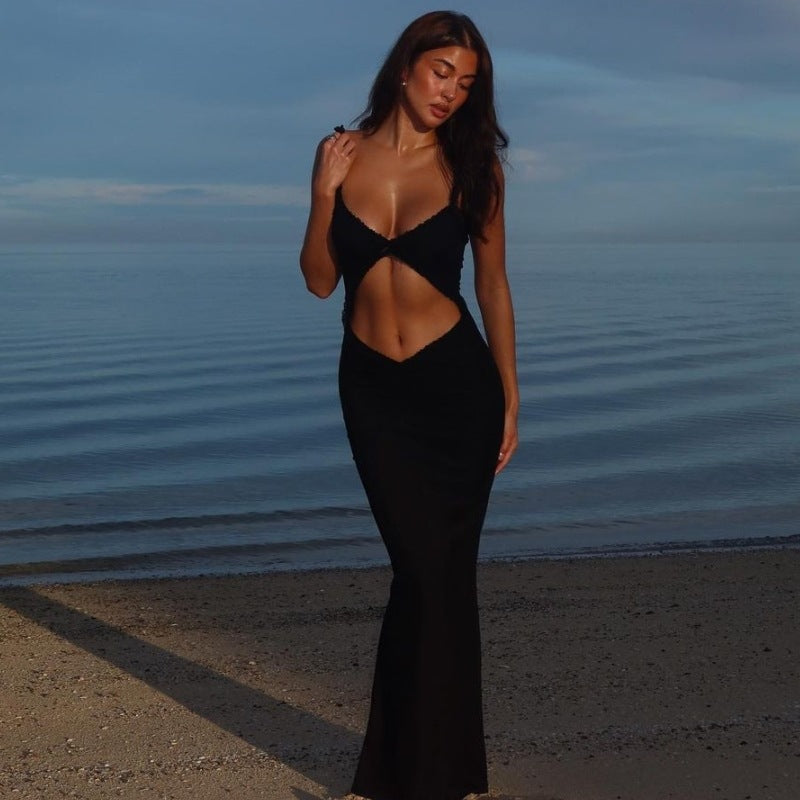 Summer Suspender Wooden Ear Collarless Cropped Sexy Slim Fit Jumpsuit Maxi Dress Women