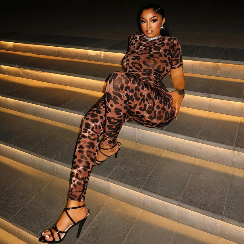 Personality Women Printed Wear Street Office Leopard Print Skinny Jumpsuit Short Sleeve Slim Jumpsuit