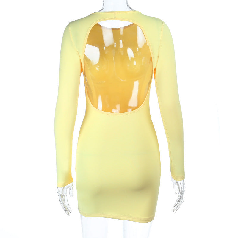 Backless Long Sleeves Twisted Hip Dress Women Autumn Sexy Solid Color Dress
