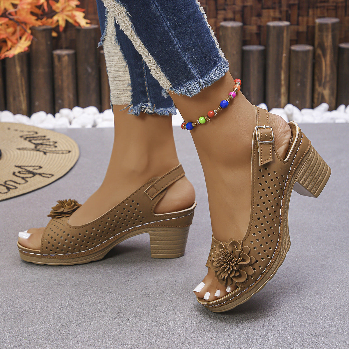 Hollow Out Cutout out Floral High Heel Peep Toe Sandals Women Chunky Heel Buckle Back Empty Sandals
