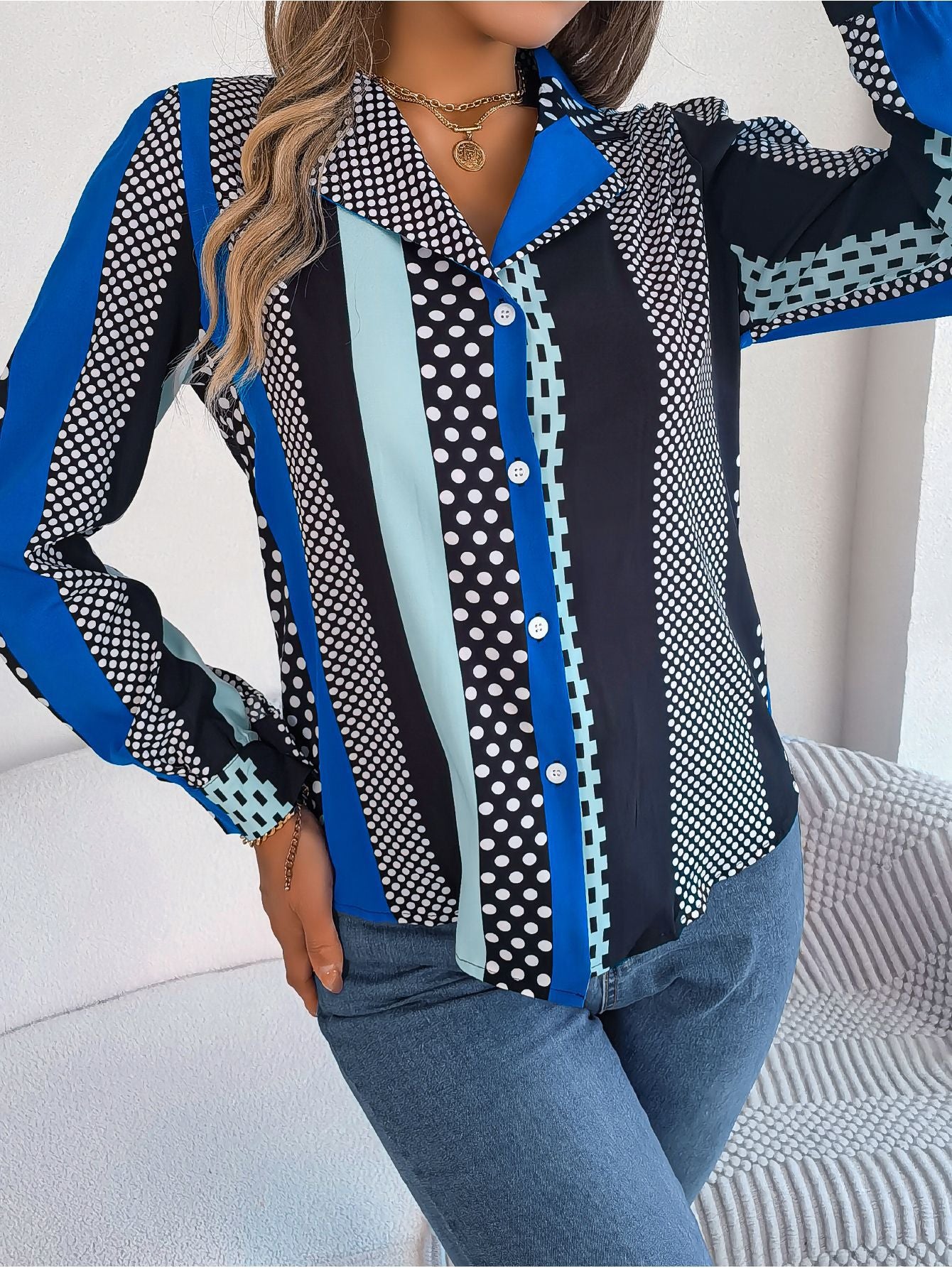 Autumn Winter Commuting Elegant Contrast Color Polka Dot Collar Long Sleeve Shirt Women Clothing