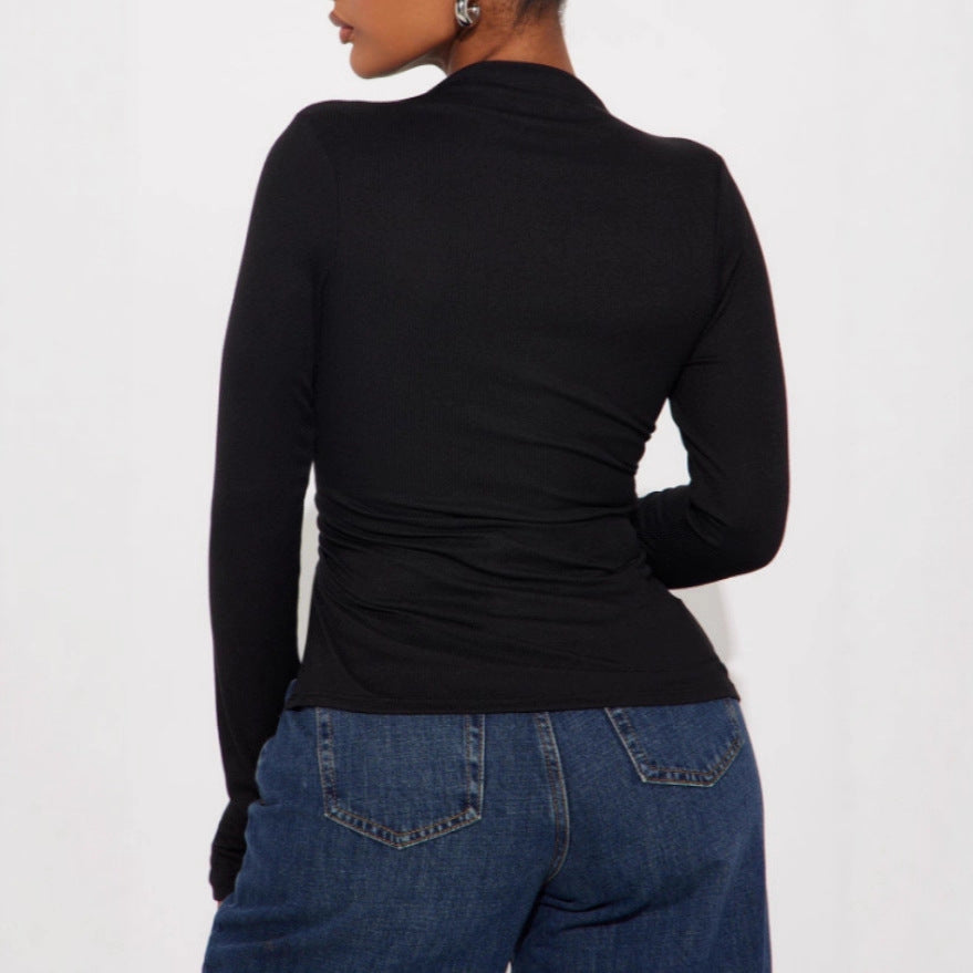 Spring Autumn Solid Color Irregular Asymmetric Split Long Sleeve T shirt Half Turtleneck Slim Fit Pullover Bottoming
