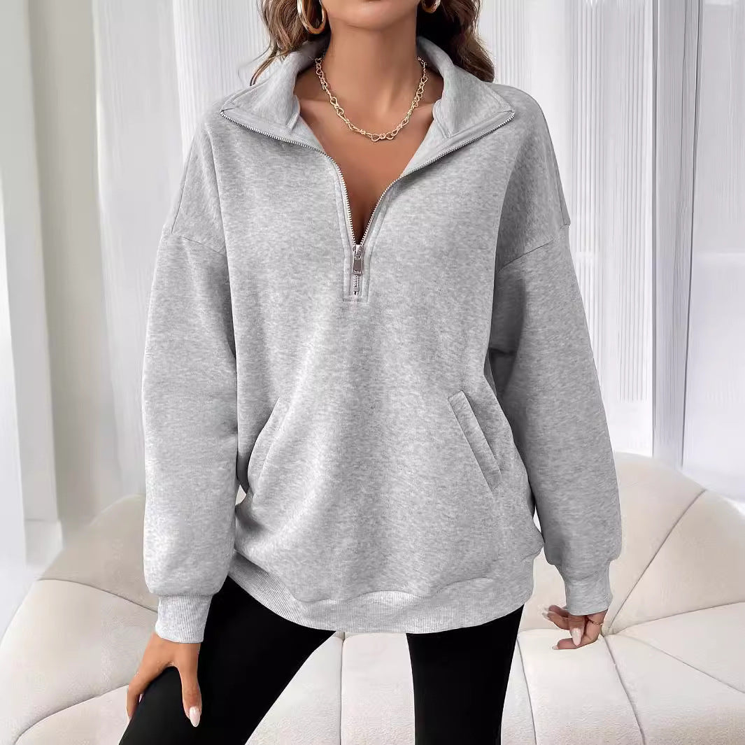 Autumn Winter Zipper Collared Solid Color Casual T Women Top Sweatshirt
