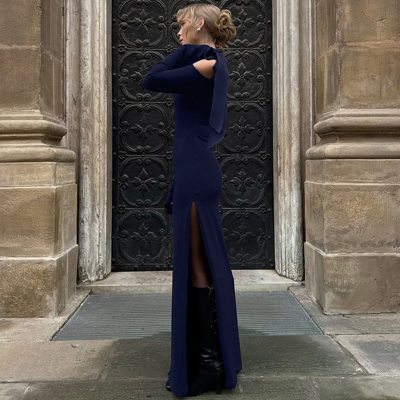 Women Clothing Autumn Sexy off Shoulder Waist Split Long Sleeve Dress Women