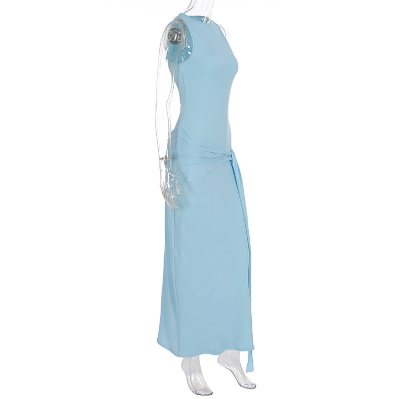 Summer Women Dress Solid Color round Neck Slim Dress