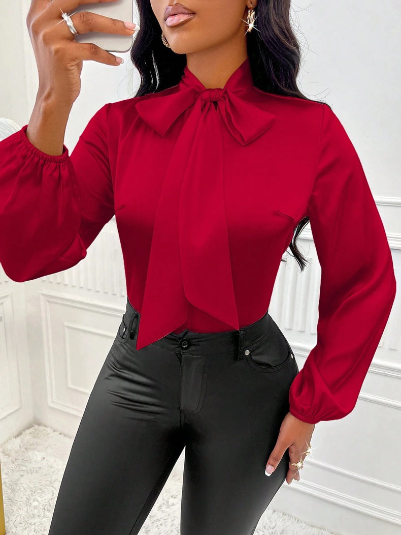 Women Clothing Autumn Satin Shirt Bow Long Sleeve Top