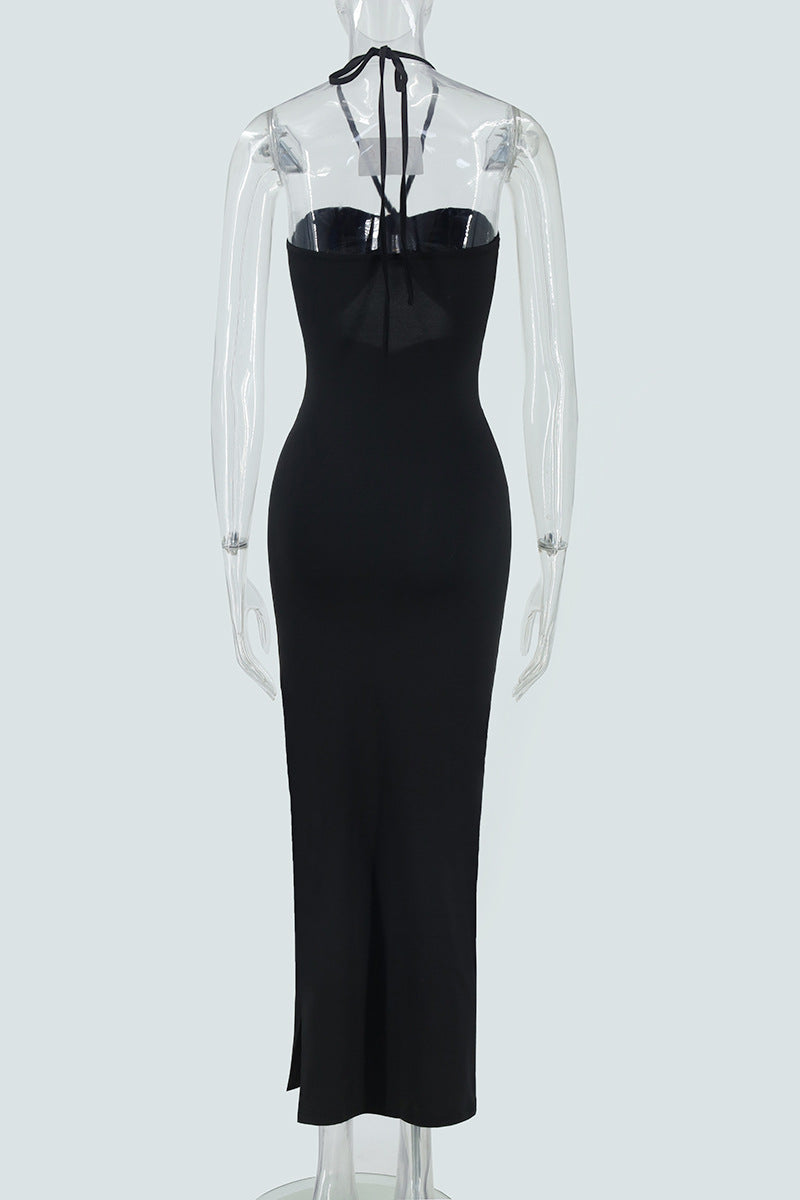 Summer Sexy Halter Three Dimensional Decoration Hollow Out Cutout Backless Leg Exposed Dress Women Clothing