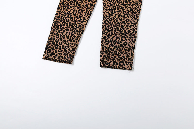 Autumn Winter Women Sexy Leopard Print Halter Strap Backless Slim Fit Cropped Jumpsuit