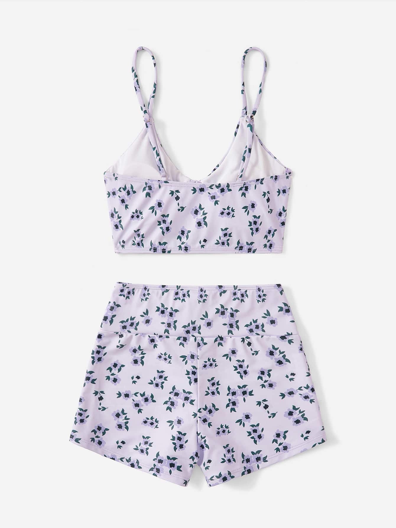 Swimsuit Women Split High Waist Boxer Floral Print Swimsuit