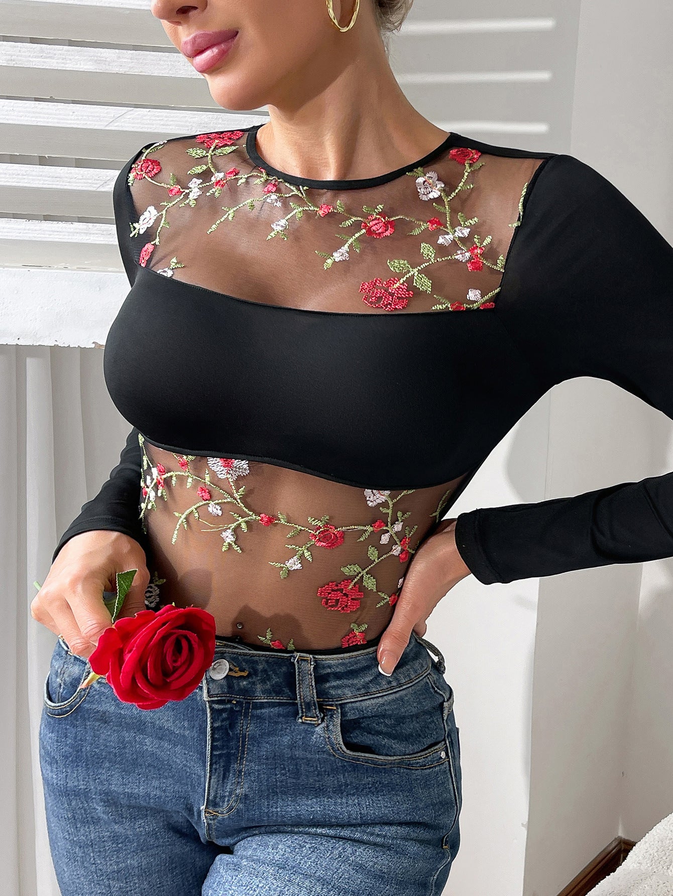 Sexy Mesh Transparent Embroidered Floral One Piece Long Sleeve Top All Match Jumpsuit