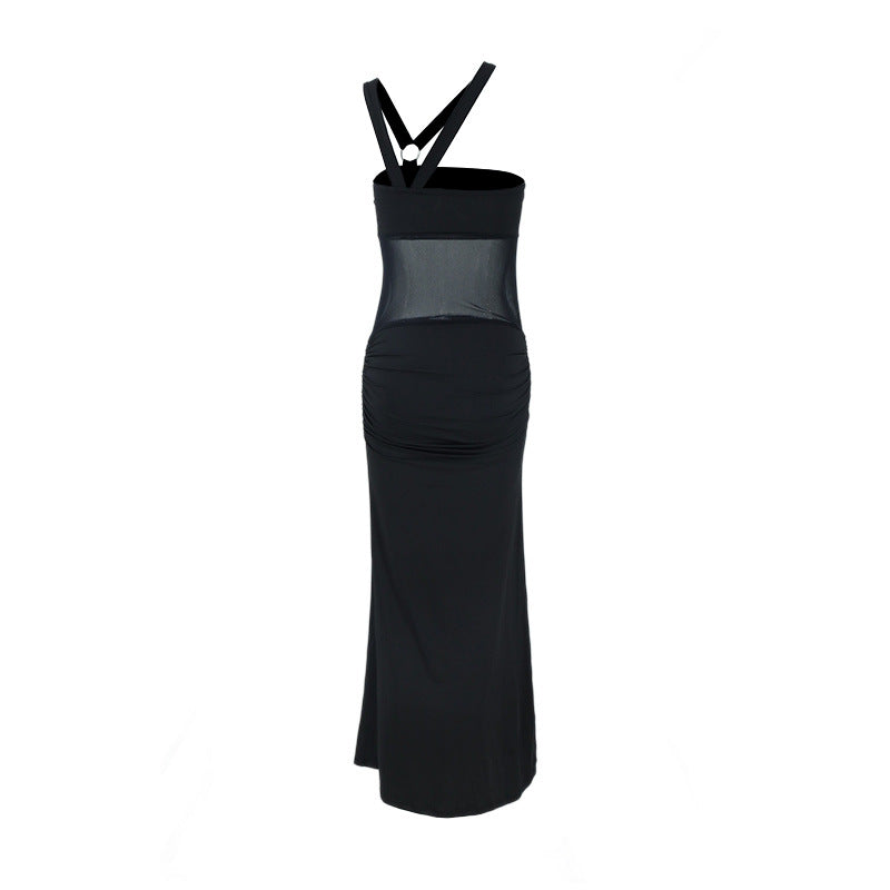 Women Clothing Summer Irregular Asymmetric Shoulder Wrapped Chest Slim Mesh Stitched Backless Niche Dress