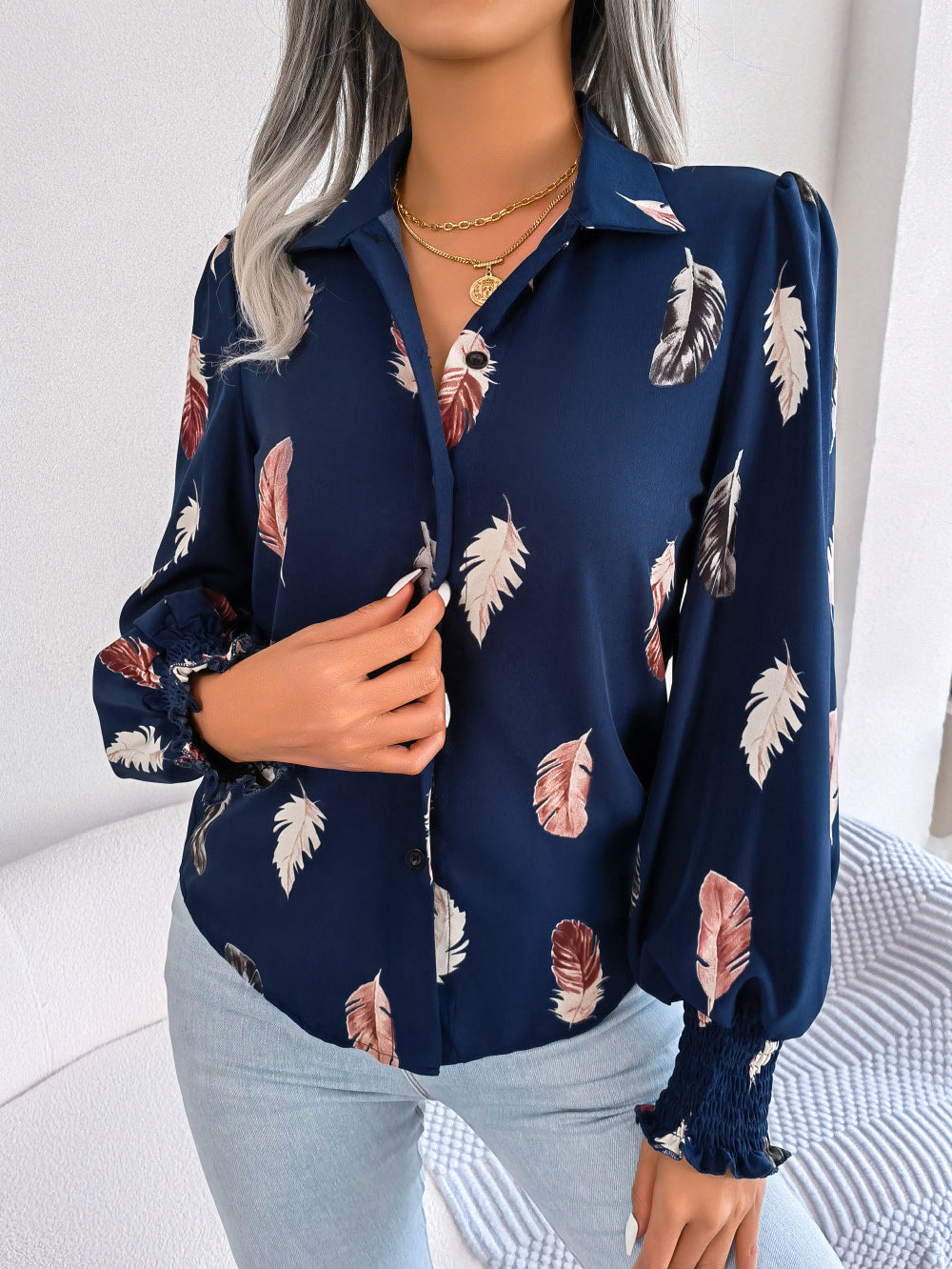 Spring Summer Elegant Feather Lantern Sleeve Collared Shirt Women Clothing