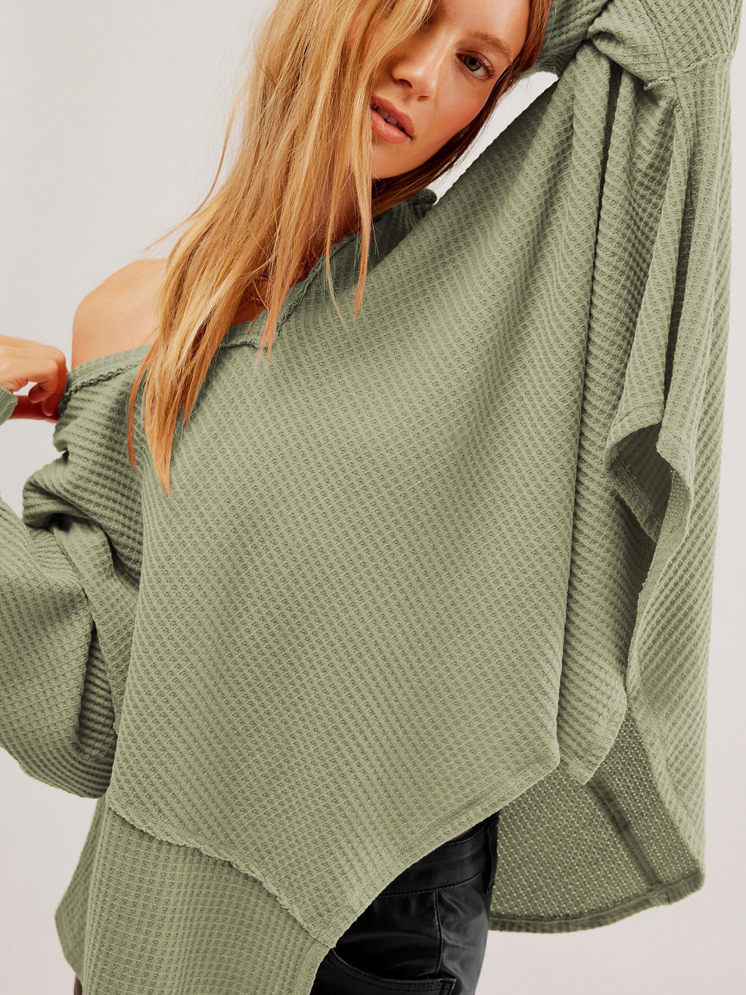 V neck Brand Casual Waffle off the Shoulder Sleeves Sweater Sports Idle Loose Autumn Winter Coat