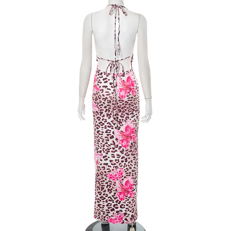 Women Clothing Dignified Floral Leopard Print Swing Collar Backless Rope Skinny Maxi Dress