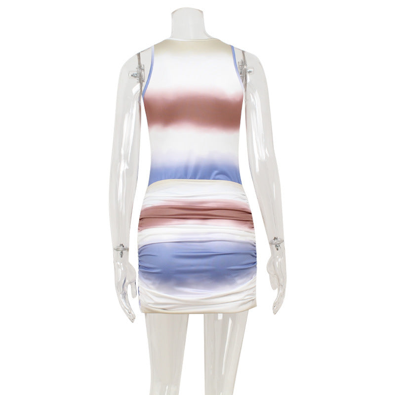 Summer Sleeveless Tie Dyed Contrast Color Slim Fit Figure Dress Hip Wrapped
