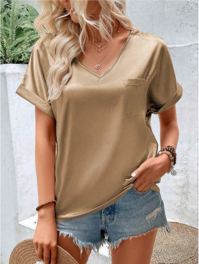 Women Satin V neck Pocket T shirt Curling Short Sleeve Loose Casual Top