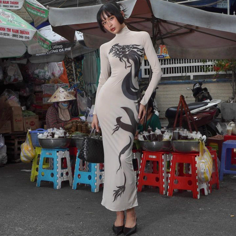Summer Women Elegant Street Round Neck Long Sleeve Dragon Print Cool Handsome Slim Fit Elegant Hip Dress