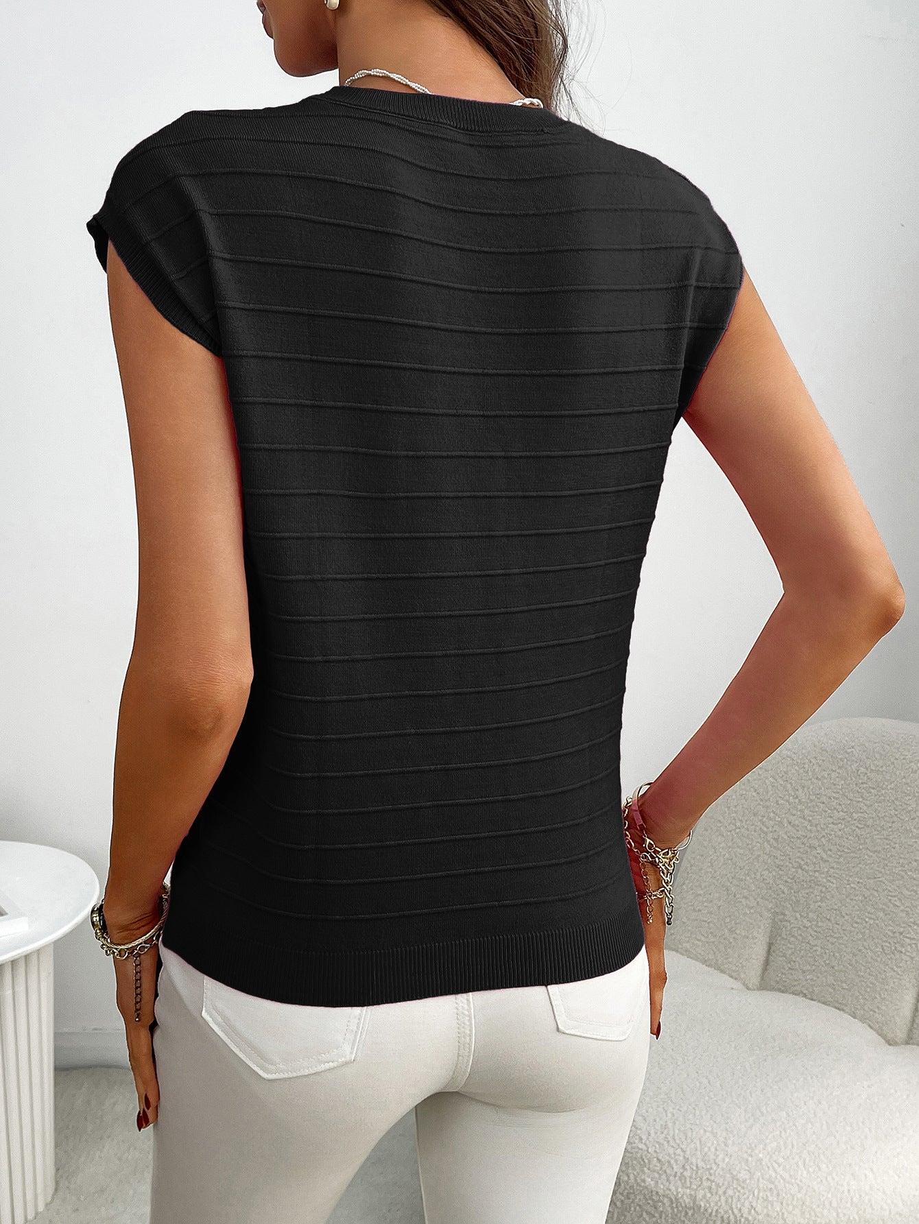 Summer Women Clothing Pullover Short Sleeve round Neck Striped Knitted Pocket Sweater