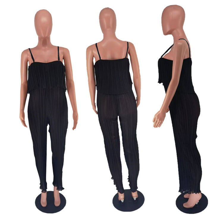 Women Clothing Strap Tube Top Pleated Loose Jumpsuit