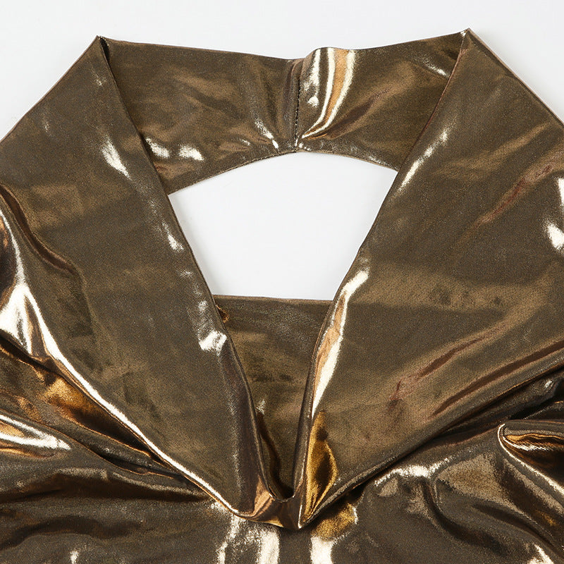 Metallic Glossy Features Swing Collar Sleeveless Halter Dress Backless Sheath Sexy Dress