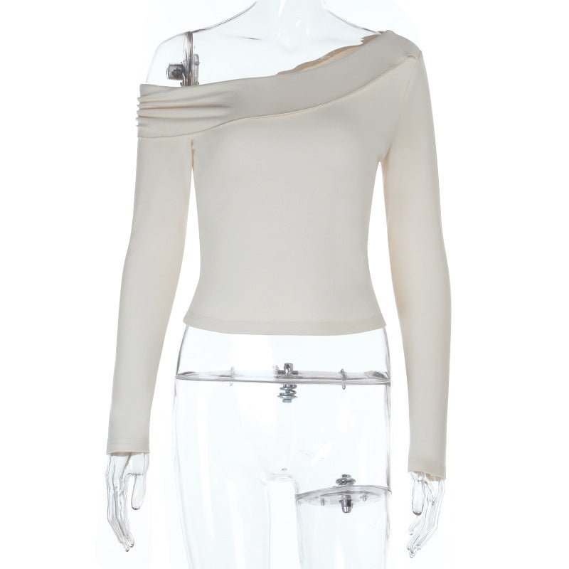 Women Clothing Top Shoulder Asymmetric Long Sleeve Sexy Slim Fit Elegant T shirt Women