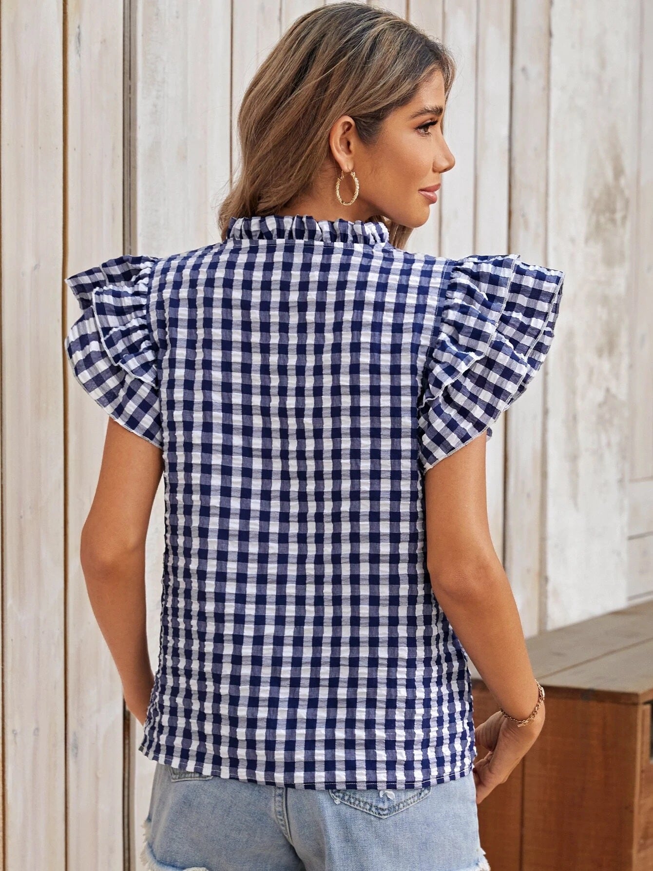 Summer Top Double Layer Ruffled Sweet Cute Women Clothing Plaid Short Sleeve