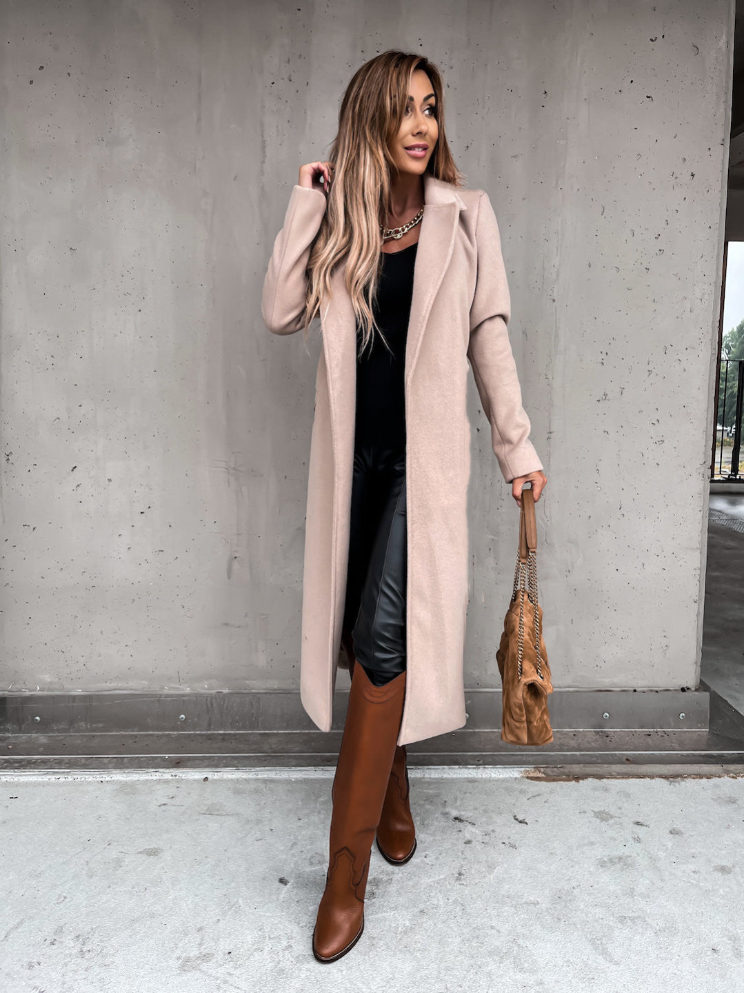 Autumn Winter Women Clothing Solid Color Polo Collar Long Sleeved Woolen Coat Simple Lace up Trench Coat