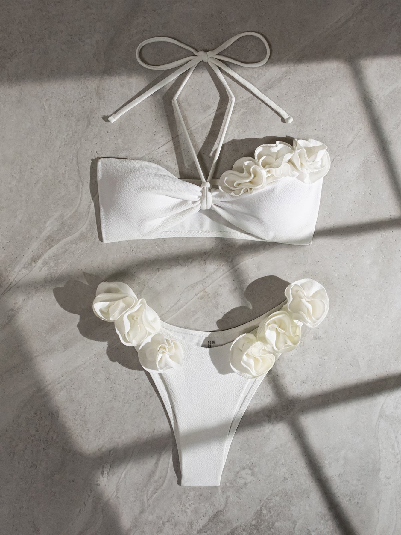 Women Split Swimsuit Three Dimensional Floral Halter Lace up Sexy Swimsuit Bikini