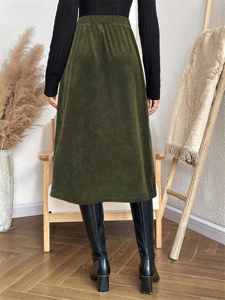 Women Autumn Skirt Casual Office Elastic Waist Breasted Patch Pocket Mock Fly Straight Mid Length Skirt