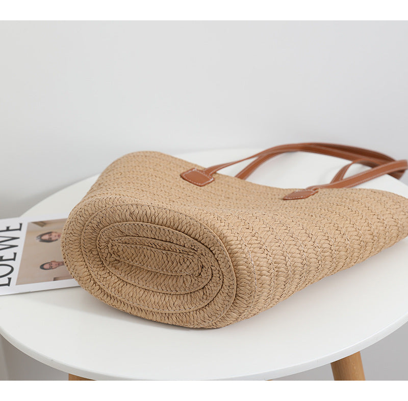Simple Shoulder Straw Bag Large Capacity Straw Bag Woven Bag Tote Bag Women Seaside Vacation Beach Bag