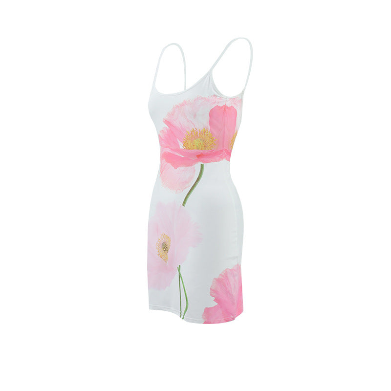Summer Partysu Women Sling U Neck Backless Slim Fit A line Floral Print Dress
