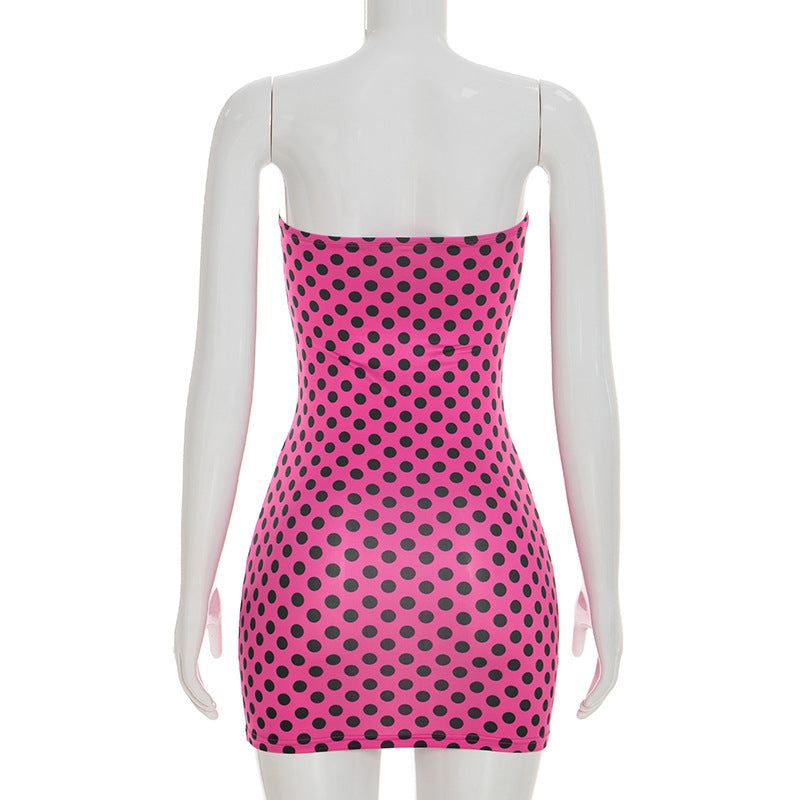 Women Clothing Summer Sexy Polka Dot Print Tube Top Sleeveless Skinny Sheath Short Dress