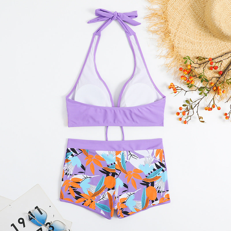 Swimsuit Women Split High Waist Boxer Lace Printing Solid Color Stitching Swimsuit
