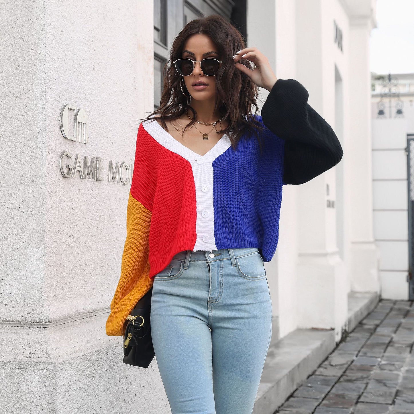 Color Stitching Knitted Cardigan Contrast Color Sweater Women Loose Long Sleeve Short Coat Women Clothing